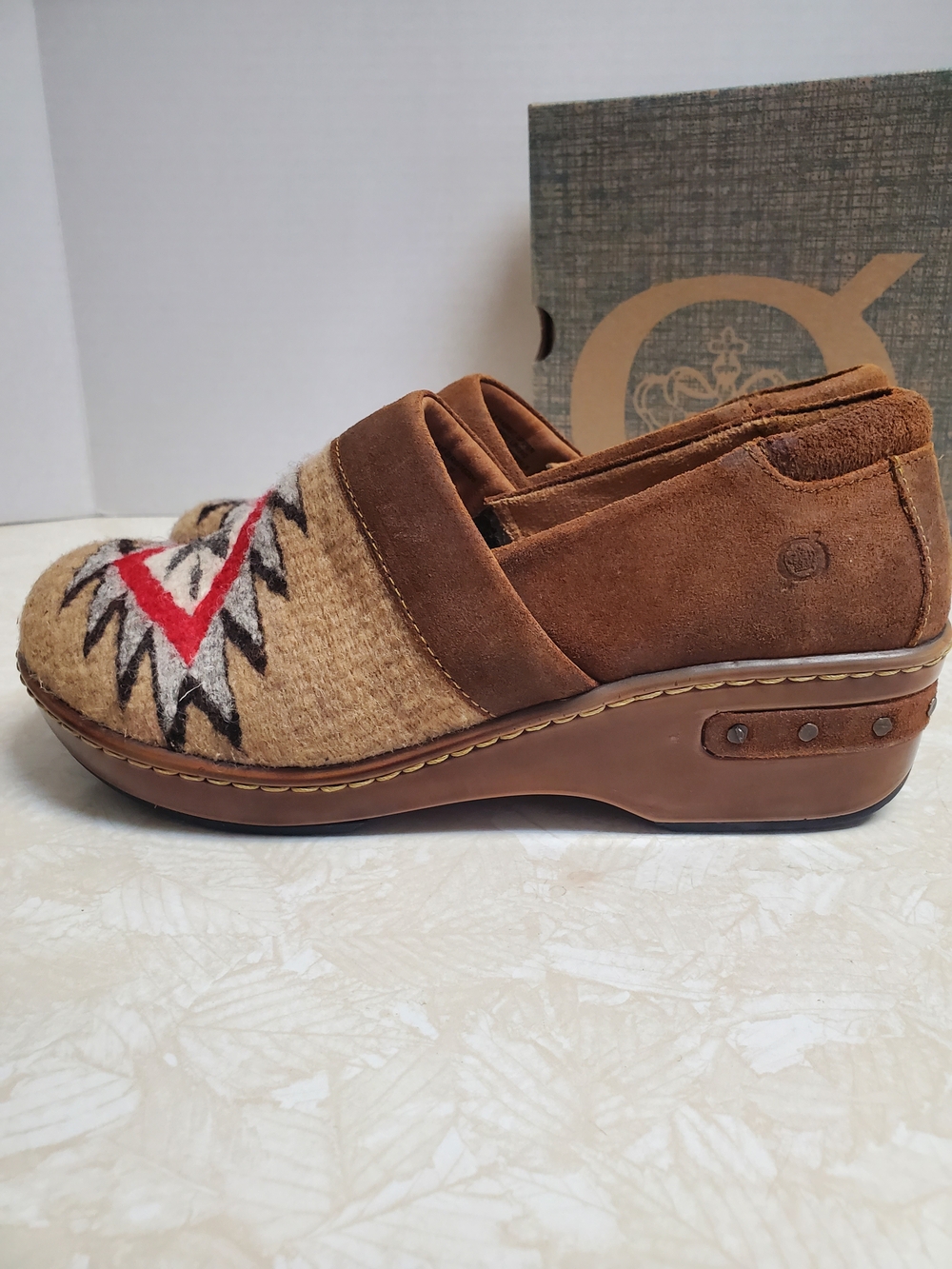 Born Brown Suede & Tan Aztec Knit Slip-On Clogs with Red Accent - Picture 3 of 5